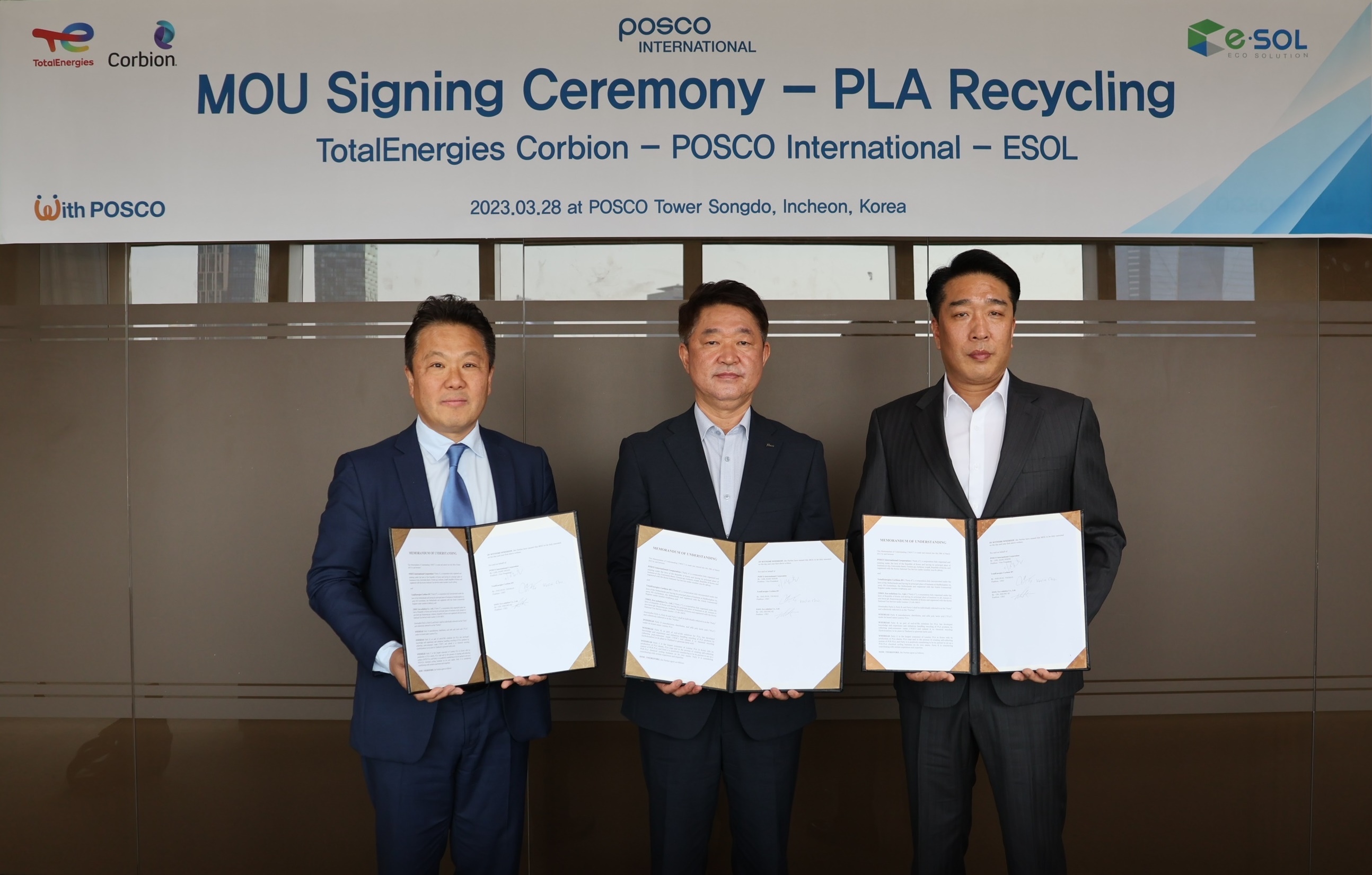 Kevin Cho, head of TotalEnergies Corbion Korea; Lee Sang-hoon, executive vice president at Posco International and Oh Hong-ki, president of Esol, (from left to right) pose for a photo during a signing ceremony on bioplastic recycling on Friday